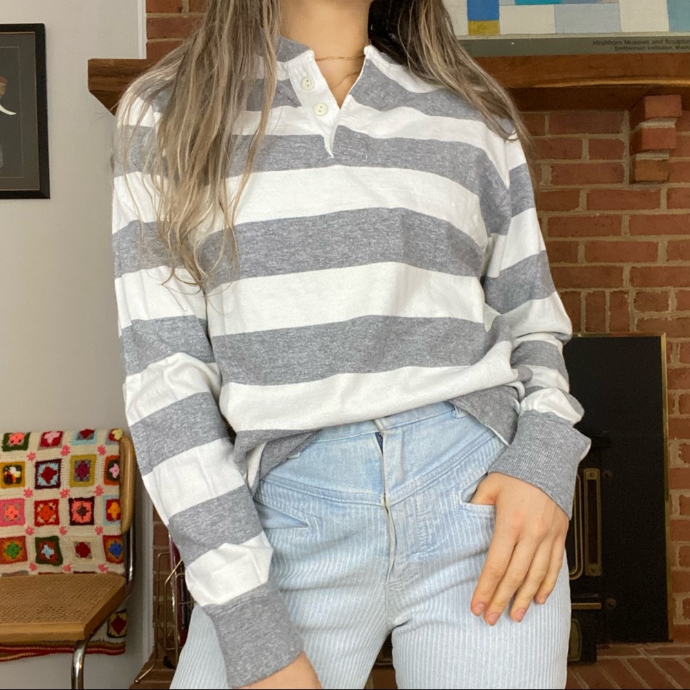 Y2K Gap Oversized Horizontal Striped Boyfriend Henley Long Sleeve Pullov… - Picture 4 of 16